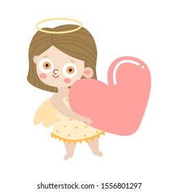 Girl angel standing and holding big red heart vector illustration