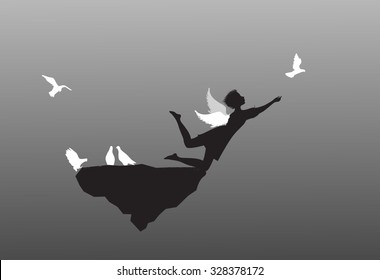 girl angel try to catch the white pigeon on flying rock, white pigeons and angel girl on flying rock, scene on heavens or wonderland, black and white