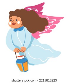 Girl angel with wings flying angelling creature with lantern. Singing personage with light, Isolated cupid character. Saint Valentines day holiday celebration. Vector in flat style illustration