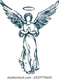 girl angel with wings praying vector stencil