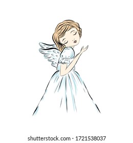 Girl angel with wings prays God. Biblical heavenly symbol of man with wings. Decor for Christmas, Easter and other religious holidays.