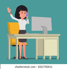 The girl angrily speaks on the phone standing near the table. Vector illustration. Suitable for animation (individual segments)
