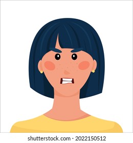 girl angry avatar. isolated image of young woman in anger. Cartoon character. Vector illustration, flat