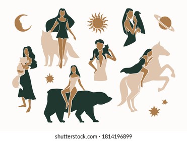 Girl with animals boho art. African women and wild animals friendship concept. Girls mystical illustrations in hand drawn style. Totem animals: horse, cat, bear, wolf. Spiritual beasts. Clipart image.