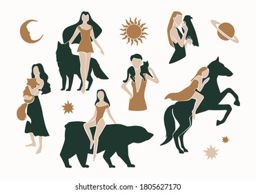 Girl with animals boho art. Womans and wild animals friendship concept. Girls mystical illustrations in hand drawn style. Totem animals: horse, cat, bear, wolf. Spiritual beasts. Clipart image.