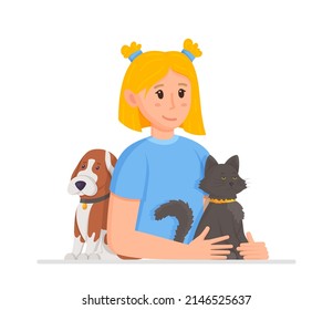 Girl and animals in cartoon style on white background. Vector illustration of hostess and animals.