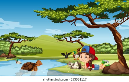 Girl and animals in the field illustration