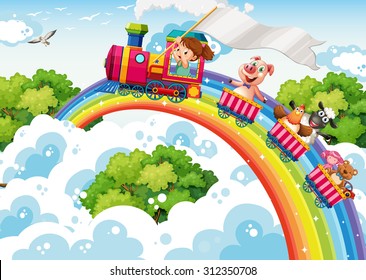 Girl and animals on the train illustration