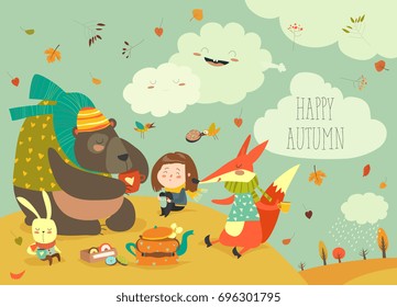 Girl with animals at picnic