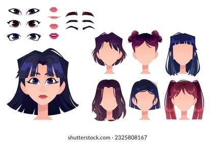 Girl for animation set. Asian woman face part, different hairstyles, eyebrows, eyes and emotions. Female character constructor for avtar creation. Cartoon flat vector isolated on white background