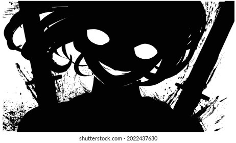 A girl in the anime style smiles maliciously with fanged white teeth, her huge eyes glow in the dark, she has a disheveled square, and two katanas behind her back, ink blots around her 2d art
