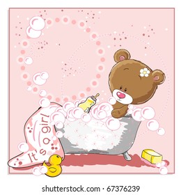 It's a girl - announcement card - Little bear bathing