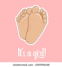 It Is A Girl Announcement Illustration. Newborn Baby Foot Soles, Barefoot, Bottom View. Vector Illustration, Cartoon Style. Tiny Plump Feet With Cute Heels And Toes, Isolated On Pink Background.