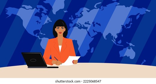 girl announcer transmits the news on the background of the world map. broadcast of international news, news release. flat pattern, bright colors. professional at work. stock vector illustration EPS 10