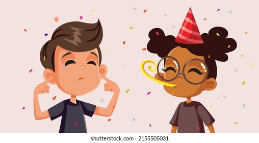 
Girl Annoying Boy With Loud Party Whistle Vector Cartoon. Friend Doing A Practical Joke At An Anniversary Celebration Event
