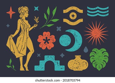 Girl in antique cape and boho symbol of water. Abstract crescent moon with poppy flower and palm leaf. Ancient arched staircase with green laurel branches. Vector illustration set