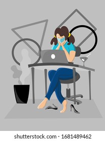 A girl in an antiviral mask works remotely at a computer. Vector graphics.