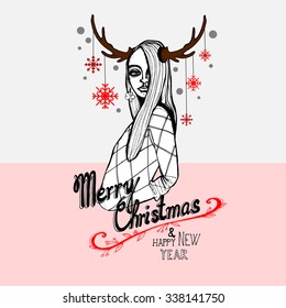 Girl with antlers and snowflakes, Christmas greeting card, isolated vector illustration