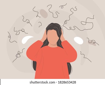 The girl with anxiety holds the head surrounded by thoughts, frustrated woman with nervous problem feel anxiety and confusion of thoughts. Mental disorder and chaos in consciousness.