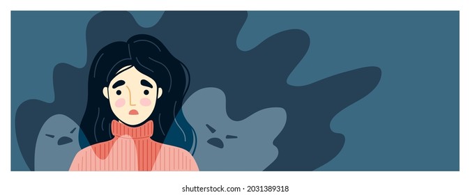 Girl with anxiety surrounded by ghosts. Imaginary fears psychological concept. Dark horizontal banner. Hand-drawn illustration.