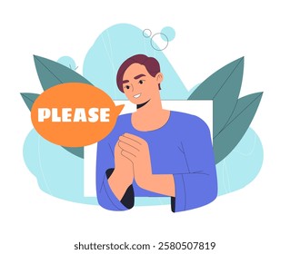 Girl apologizes concept. Young girl says please. Person begging sorry. Empathy and expression, feelings. Emotion and facial expression, gestures. Flat vector illustration