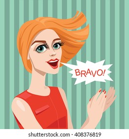 Girl applauds. Vector illustration in cartoon style