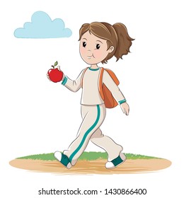 Girl with apple and backpack walking. Vector illustration