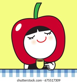 Girl In Apple Head Costume With A Coffee Cup In Hand For Morning Breakfast Concept Card Character illustration