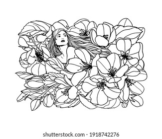 Girl in apple tree flowers. Vector linear illustration. Black and white