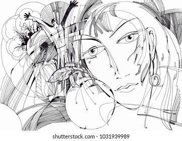Girl with an apple. Vector graphics.