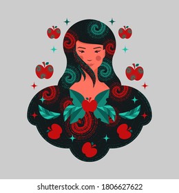 Girl with apples. The idea of ripe apples as a symbol of success in life. A concept that defines the taste for life, like the taste of apples. Vector illustration.Flat design.
