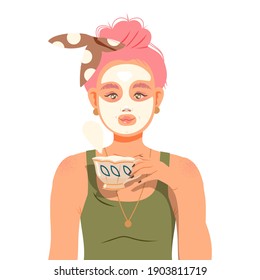 Girl with Applied Cosmetic Facial Mask Drinking Tea Vector Illustration