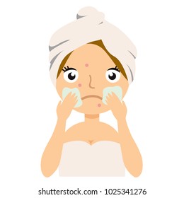 Girl applies cosmetic mask on her face, home remedies, skin problems solution.Vector stock illustration.