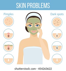 Girl applies cosmetic mask on her face. Skin problems solution, home remedies. Vector stock illustration.