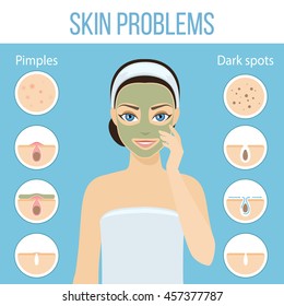 Girl applies cosmetic mask on her face. Skin problems solution, home remedies. Vector stock illustration.