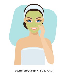 Girl applies cosmetic mask on her face, home remedies, skin problems solution.Vector stock illustration.