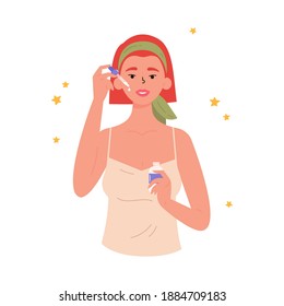 A girl applies a cosmetic product on her skin with a pipette. Young beautiful woman with bottle of face oil. Anti-aging skin care method. Vector flat illustration on white. 