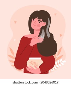 Girl applies mask to her hair. Personal care, cosmetics. Banner for online stores, advertising means. Taking care of your appearance. Cartoon flat vector illustration isolated on pink background