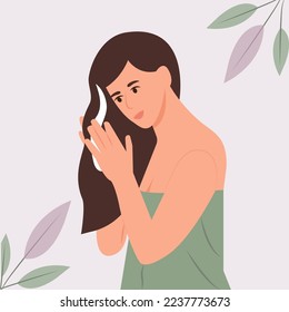 Una chica le aplica una máscara a su pelo. La mujer se cuida de su pelo, haciendo el procedimiento de spa en casa. Tratamiento del pelo. Cabello sano. Ilustración vectorial.