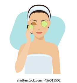 Girl applies natural cucumber mask on her face. Skin problems solution, home remedies. Vector stock illustration.