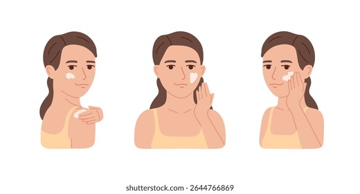 Girl apply sunscreen cream on face. Sun protection concept for summer safety. Skin care and health problems. Flat vector illustration