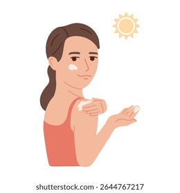 Girl apply sunscreen cream on face and body. Sun protection concept for summer safety. Skin care and health problems. Flat vector illustration
