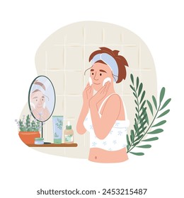 Girl applying cleansing and moisturizing face skincare products at home. Everyday skin care routine. flat vector illustration young woman wipes her face with cotton pads. Zero waste lifestyle concept