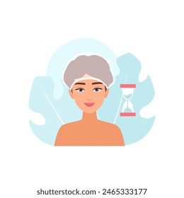 Girl applying cosmetic hair mask under cellophane cap for care vector illustration