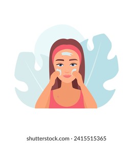 Girl applying cosmetic product to facial skin for skincare routine vector illustration