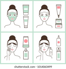 Girl applying creams, posters set with female and essences in tubes and bottles, skin care for woman, vector illustration isolated on white background