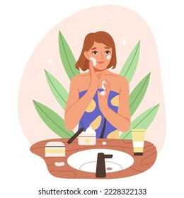 Girl applying facial cleanser, woman skin care routine. Beautiful lady use face scrub or liquid soap, cleansing skin care routine stage flat vector illustration on white background