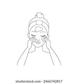 Girl applying foam to skin face to clean pores from makeup and dust line icon vector illustration