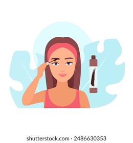 Girl applying gel or serum for styling eyebrows from container vector illustration