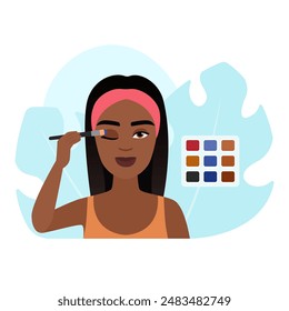 Mädchen, das Make-up für die Augen aufträgt, mit der kompakten Lidschatten-Palette Vektorillustration